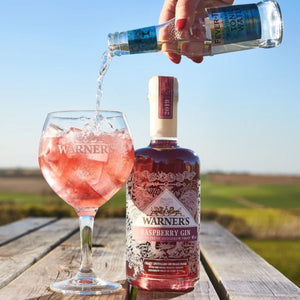 Warner's Raspberry Gin in glass next to bottle