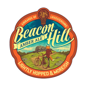 Beacon Hill Amber Ale Pump Clip featuring a fox riding a bike